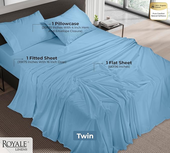 ROYALE LINENS 100% Organic Cotton Twin Sheet Set - Percale Weave - 3 Pieces Set - 1 Flat, 1 Deep Pocket Fitted Sheet and 1 Pillowcases - Lake Blue Bed Sheets - Sábanas Twin - Crisp Cool (Lake Blue)