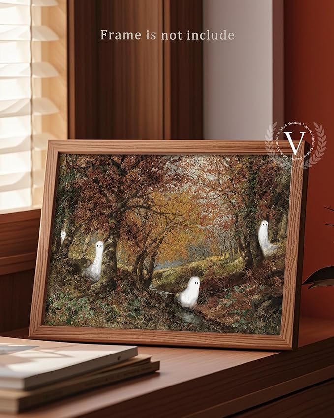 Vodefoad Retro Cute Ghost Decor Halloween Painting Spooky Silhouette Ghosts Haunted House Art Victorian Ghost Posters Pictures for Living Room, Bedroom, Bathroom, Halloween Room decor - 8x10 Inch Unframed