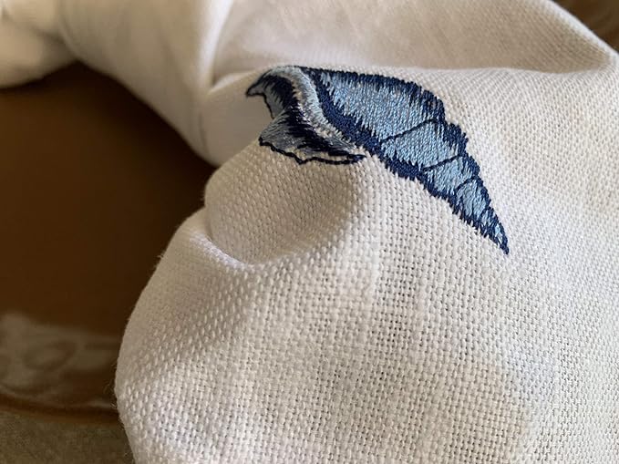 White Linen Dinner Napkins - 100% Linen Cloth - Fully Hemmed with Mitered Corners - Washable - Pack of 4 (Nautical Marine Embroidered)