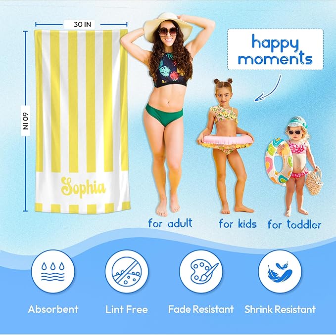 JML Personalized Beach Towel with Name, Custom Cabana Stripe Beach Towel, Customized Microfiber Pool Towel, Quick Dry & Absorbent Swim Towel for Adult,Anniversary, Birthday, Summer Holiday,Vacation