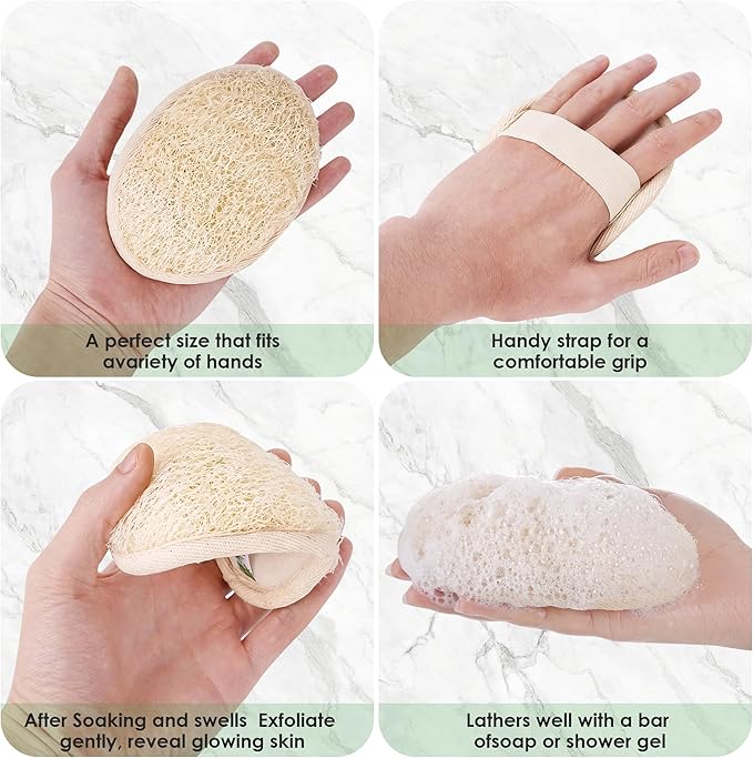 Natural Loofah Sponge 4 Pack for Shower, Organic Luffa Exfoliating Body Scrubber, Eco Friendly Biodegradable Bath Sponge, Plant Based Body Exfoliator for Men Women, Shower Loofah with Hanging Rope