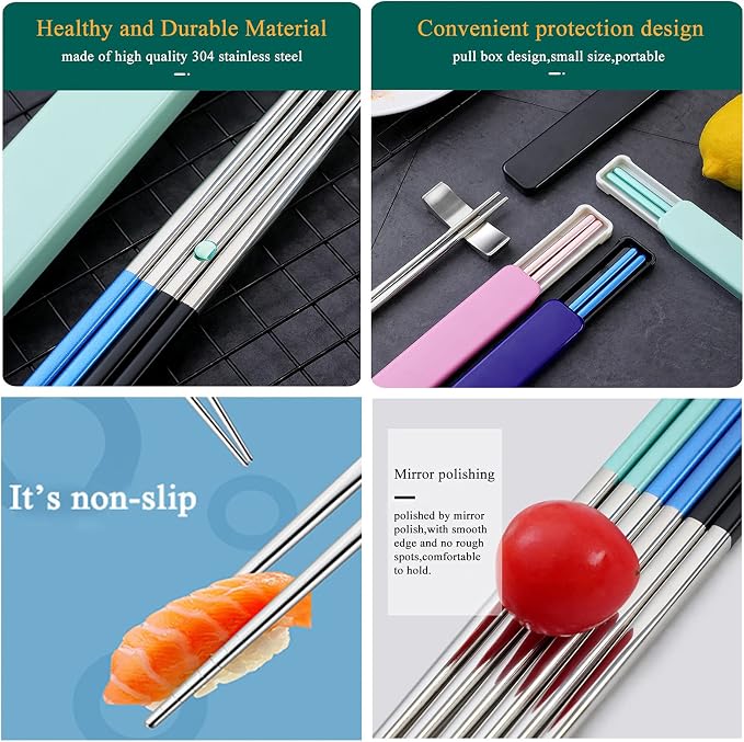 Portable Reusable Stainless Steel Chopsticks, 3 Pairs, Black Blue Green | With Case, For Camping, For Travel, For Bento Box