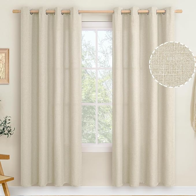 LAMIT Natural Linen Curtains for Living Room 80 inch Length 2 Panels, Linen Textured Thermal Insulated Curtains Grommet Privacy Neutral Drapes for Bedroom/Farmhouse, W52 x L80, Natural Beige