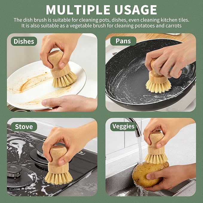 2 Pack Bamboo Dish Brush with Drain Holder - Natural Scrub Brush for Dish with Sisal Bristle, Wooden Dish Scrubber for Kitchen Cleaning Dishes, Pots, Pans and Vegetables