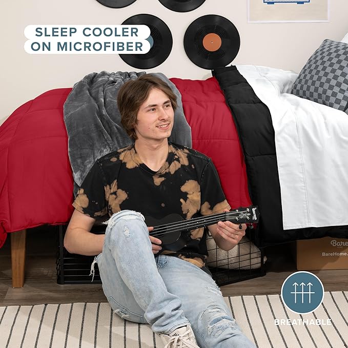 Bare Home Twin/Twin Extra Long Comforter - Reversible Colors - Goose Down Alternative - Ultra-Soft - Premium 1800 Series - All Season Warmth - Bedding Comforter (Twin/Twin XL, Black/Red)