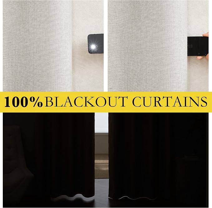 NICETOWN 100% Absolutely Blackout Linen Curtains with Thermal Insulated White Liner, Ivory, W52, 2 Pieces, Back Tab Noise Reducing Textured Linen Look Windows Curtains 95" Length for Classroom