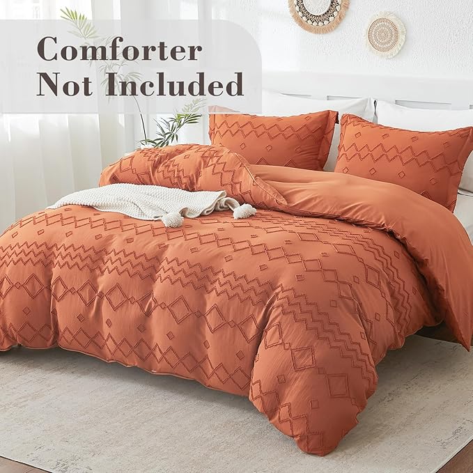 EMME Boho Duvet Cover Twin Size - 2 Pieces Embroidery Shabby Chic Bedding, Tufted Comforter Cover for All Seasons, 1 Duvet Cover + 1 Pillowcase (Pumpkin, Twin)