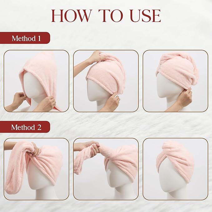 3 Pack Microfiber Hair Towel Wrap for Women 26 x 10 in | Hair Drying Towel with Button |Hair Turban Towel Quick Dry Coral Fleece Head Towels (Pink + Purple + Green)
