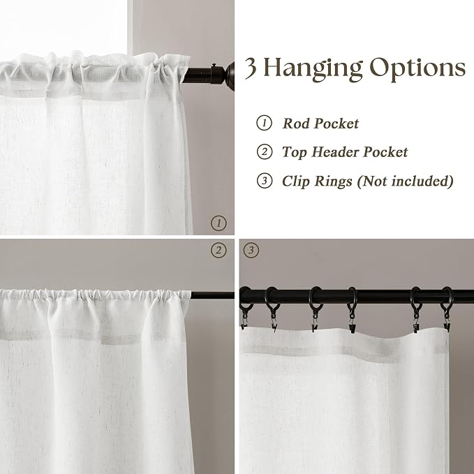 Off White Semi Sheer Linen Kitchen Curtains 24 Inch Length 2 Panels | Ivory, Boho Rustic, Light Filtering Curtains, for Bathroom Laundry RV Camper, 34x24 Inches Long, Rod Pocket Drapes