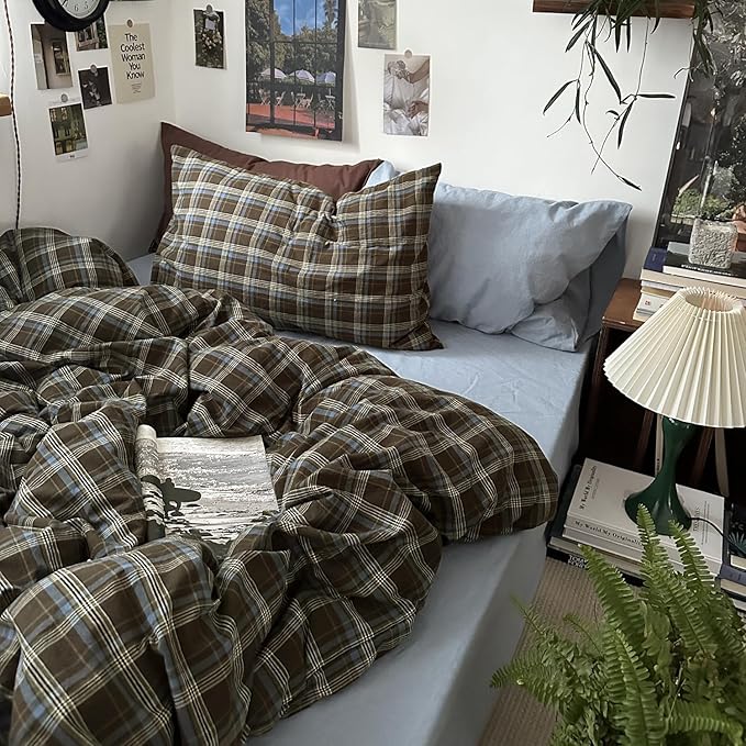 mixinni Vintage Buffalo Plaid Duvet Cover Set Queen Size - 3 Piece Washed Cotton Bedding Set with Grid Pattern, Soft & Breathable Duvet Cover with Pillowcases for All Seasons,(Brown & Blue,Beige)
