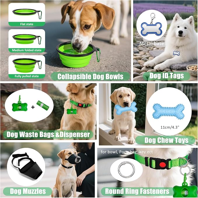 No Pull Dog Harness Adjustable Collar & Leash Set - Dog Halter Harnesses Collapsible Bowls & Poop Bag Dispenser Muzzle ID Tags Toys Fits Small Medium Large Dogs (Green-S)