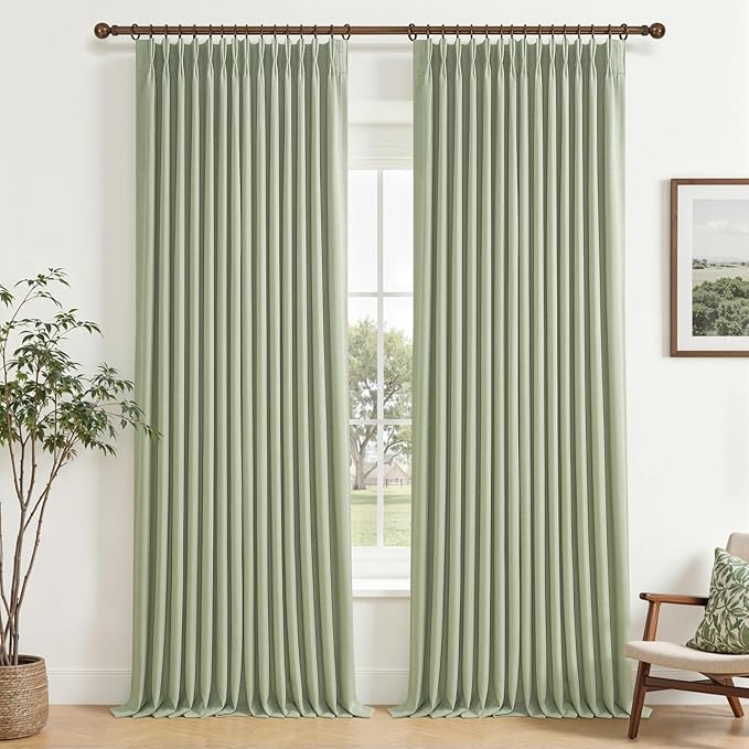 Full Blackout Sage Green Linen Dual Layer Curtains 96 Inches Long for Living Room 2 Panels Set, Pinch Pleated Noise Reducing Heat Blocking Farmhouse Curtain 40x96 Inch Length for Bedroom Window Drapes