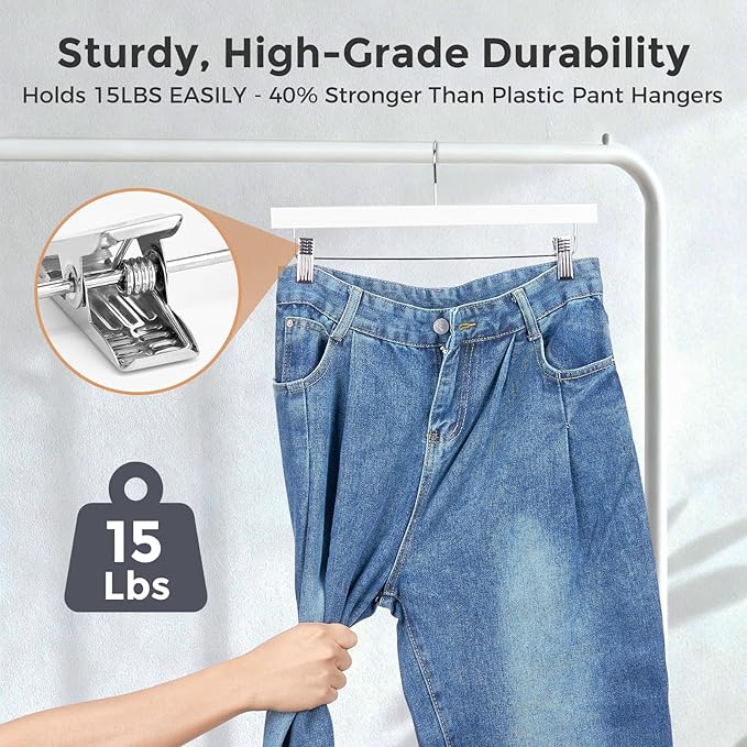 HOUSE DAY Premium Wooden Pants Skirts Hangers, Solid Wood Trousers Bottom Hanger with 2-Adjustable Clips, Clip Hangers for Slacks, Jeans, Shorts (White, Pack of 50)
