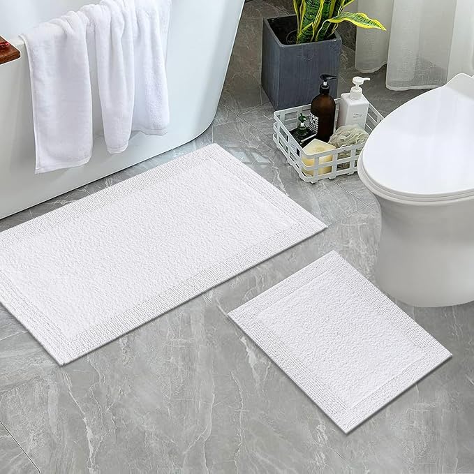 Bedding Craft 100% Cotton Bath Mat - Soft Hotel-Style Rectangular Bathroom Floor Rug - Plush, Water Absorbent Cloth Bathmat for Outside Bathtub/Shower, Machine Washable Cotton Bath Rug 21x34 White
