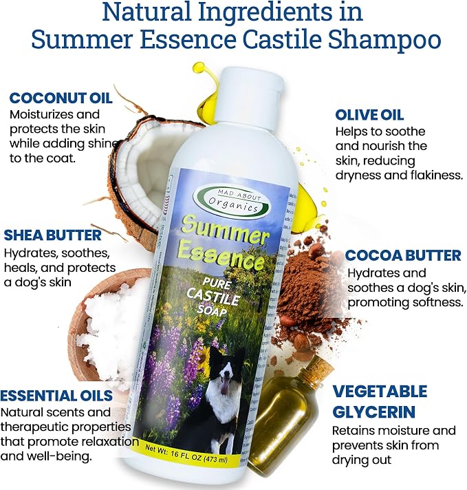 Summer Essence Dog Shampoo - Pure Castile Soap with Botanical Fruit & Flower Oils, Gentle Formula for Delicate Skin, Mild and Calming for Dogs from 4 Weeks & Older, 16 oz