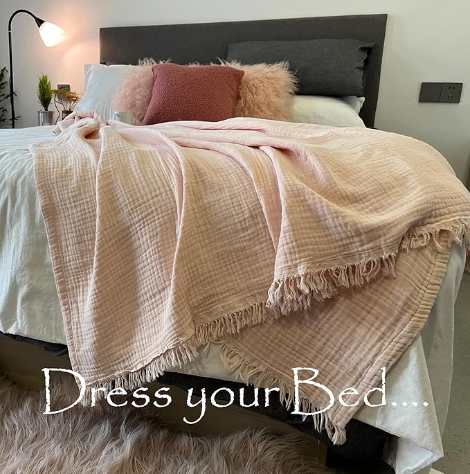 KyraHome 100% Organic Cotton Muslin Blankets for Adults, Girls, 60"x80", Plant Dyed, Breathable Lightweight Gauze Summer Throw Blankets for Couch, Napping, All Season (Soft Pink)