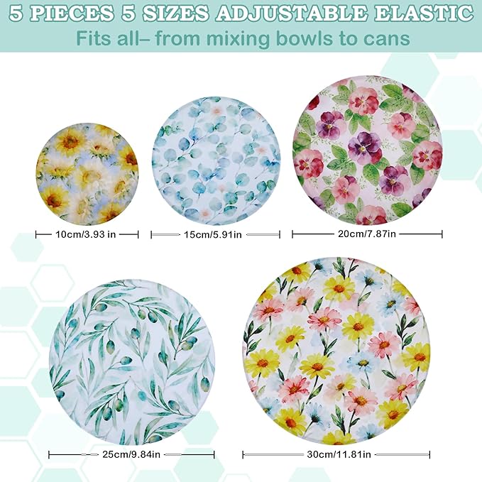 5-Size Reusable Beeswax Bowl Covers for Bread Proofing, Cotton Cloth Flexible Beeswax Wraps for Food Storage(Little Daisy)