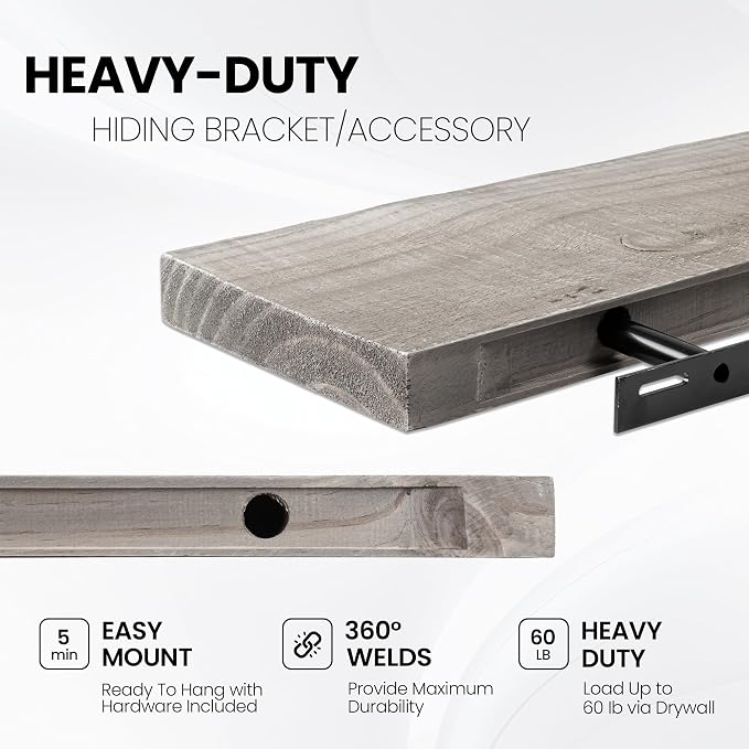Fun Memories 36 Inch Reclaimed Wood Floating Shelves for Wall, 8 Inch Deep Heavy Duty Rustic Wooden Shelf with Invisible Brackets for Fireplace, Kitchen & Coffee Bar, Grey