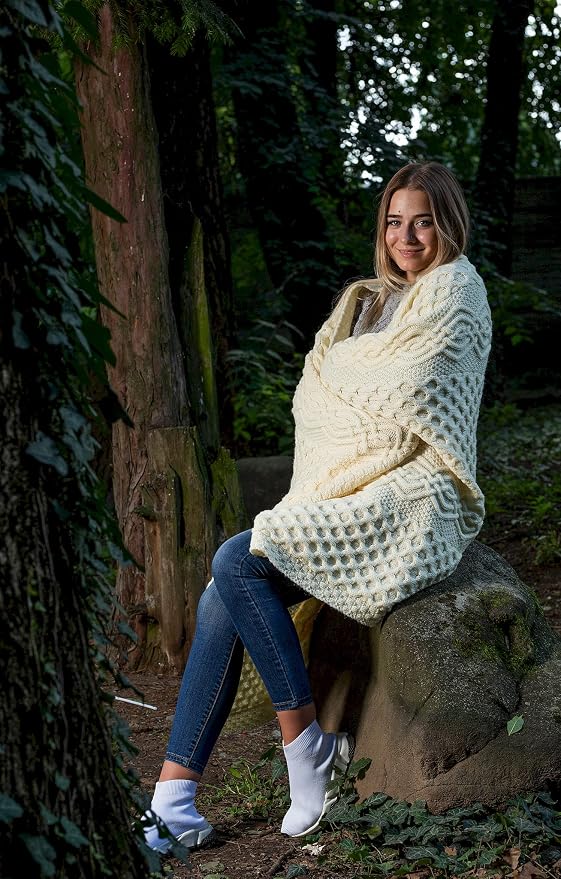SAOL Honeycomb and Cable Knit Patterns 100% Irish Merino Wool Aran Throw/Blanket 60 x 40 inches (Natural)