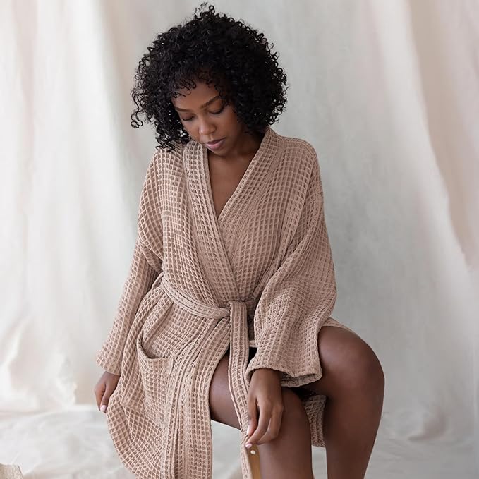 Womens Kimono Waffle Robe - Lightweight 100% Turkish Cotton Housecoat for All-Day Lounging - Bathrobe for Shower