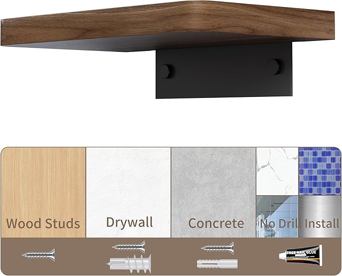 Danpoo 16 inch Solid Walnut Floating Shelf - Large, Heavy Duty Wall Shelf for Kitchen, Living Room, Bathroom, Built to Hold Books, Kitchenware, & Heavy Decor