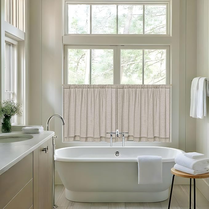Small Window Curtains for Kitchen 30 Inches 2 Panel, Boho RV Camper Curtains Light Filtering Semi Sheer Rod Pocket Drapes for Living Room Half Windows, Burlywood Birch W25XL30 Inches