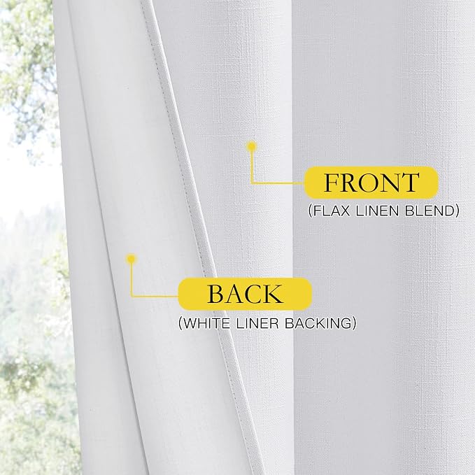 NICETOWN Back Tab 100% Blackout Linen Curtains with Thermal Insulated White Liner, White, 52" Wide, 84" Length Energy Saving Curtains for Living Room 2 Panels Set, Vertical Blinds