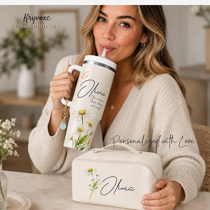 Personalized 40 oz Floral Tumbler with Optional Makeup Bag, Custom Name Insulated Stainless Steel Travel Cup with Straw, Personalized 2-In-1 Gifts for Teacher Appreciation, Women Mom Sister Grandma