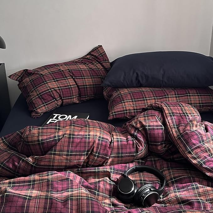 mixinni Vintage Burgundy Buffalo Plaid Comforter Cover Set King Size - 3 Piece Mid-Century Modern Washed Cotton Bedding, Soft Breathable Grid Duvet Cover with Matching Pillowcases for All-Season