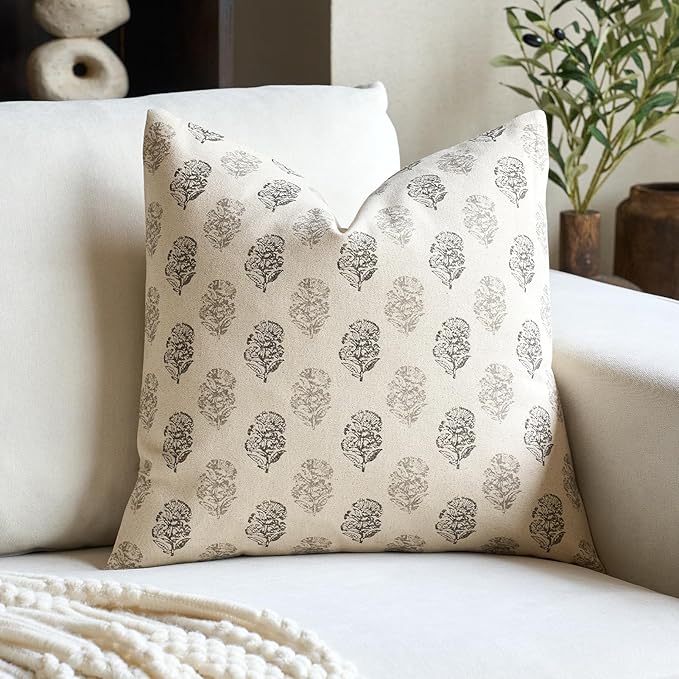 FIOUOVO Floral Vintage Throw Pillow Covers 24x24 Pillow Cover Block Print Decorative Cushion Covers Farmhouse Neutral Accent Home Décor for Sofa Couch Living Room Bedroom, 1PC, Light Taupe