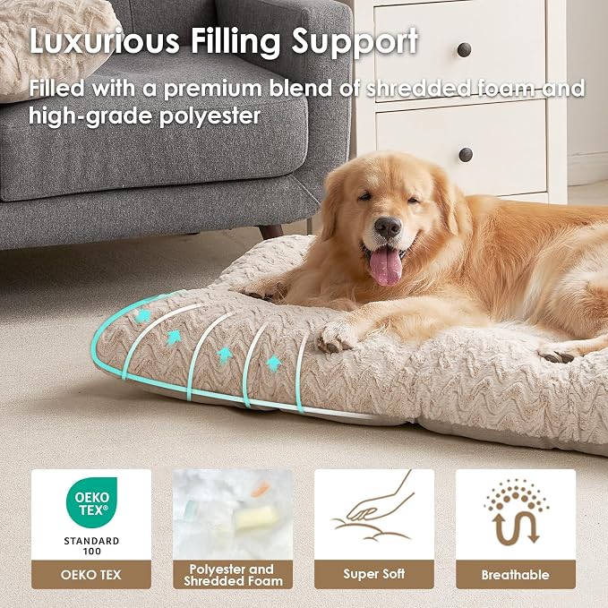 EHEYCIGA Washable Large Dog Bed for Crate 35x23 Inch, Kennel Pad for Dogs Up to 45 lbs, Plush and Comfy Pet Sleeping Mat, Beige