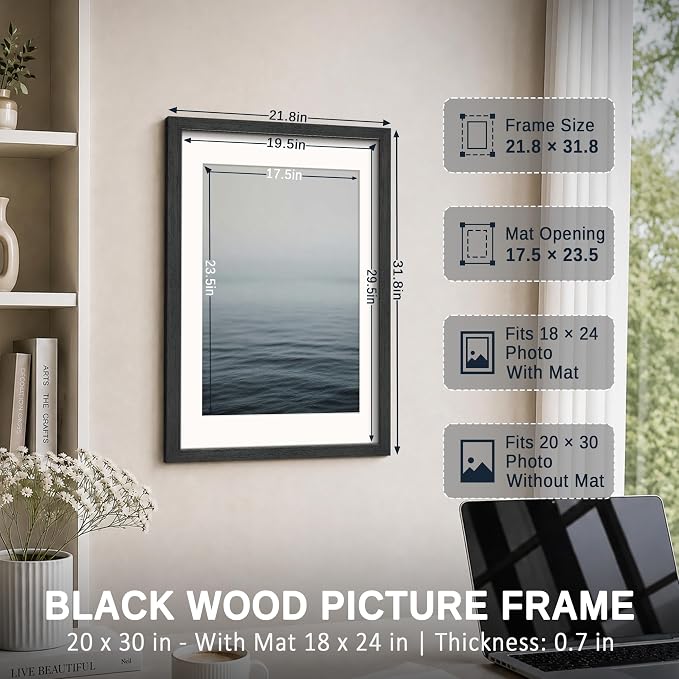 VCK 20x30 Frames Black 3 Pack, Wide Border Wooden Poster Frame, Display 18x24 Picture Photo with Mat or 20 x 30 without, for Home, Office, Gallery, Woodgrain Series, Wall Hanging