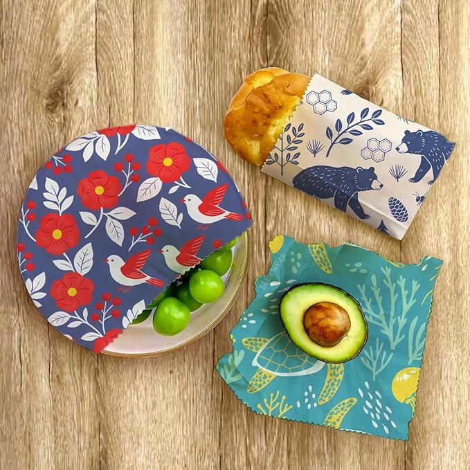 Reusable Beeswax Wrap, 9 Pack Eco-Friendly Wraps For Food, Organic, Sustainable, Zero Waste, Plastic-Free Food Storage, 1XL, 3M, 5S, Birds Bears Turtles Patterns