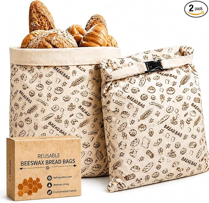 Reusable Beeswax Bread Bags for Sourdough, XL Eco-Friendly Fresh Food Storage (13x17in, 2 Pack). Natural Beeswax Food Wrap Bag, Bread Keeper for Homemade Bread, Eco Friendly Kitchen Storage