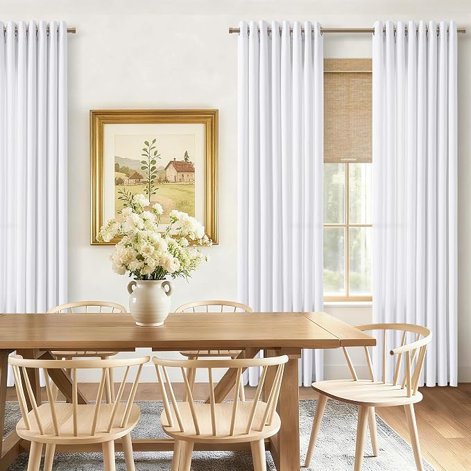 White Grommet Linen Long Curtains 96 Inches Long for Living Room 2 Panels Set Light Filtering Neutral Modern Farmhouse Boho Non-See-Through 96 Inches Length 8 ft Window Curtain for Sliding Door Patio