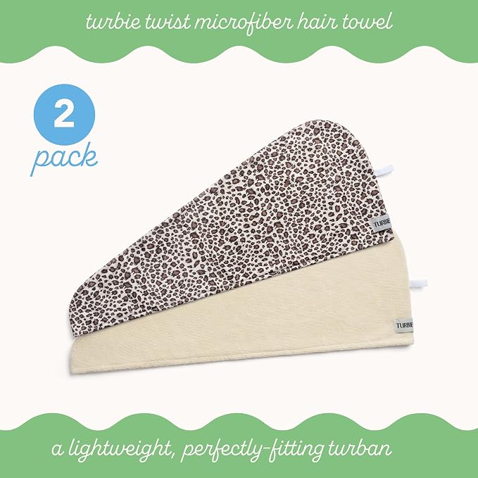 Turbie Twist 2-Pack Microfiber Hair Towel for Beauty, Travel, Gifting - Hair Wrap Turban for Straight, Wavy & Curly Hair - Premium Personal Care - Leopard