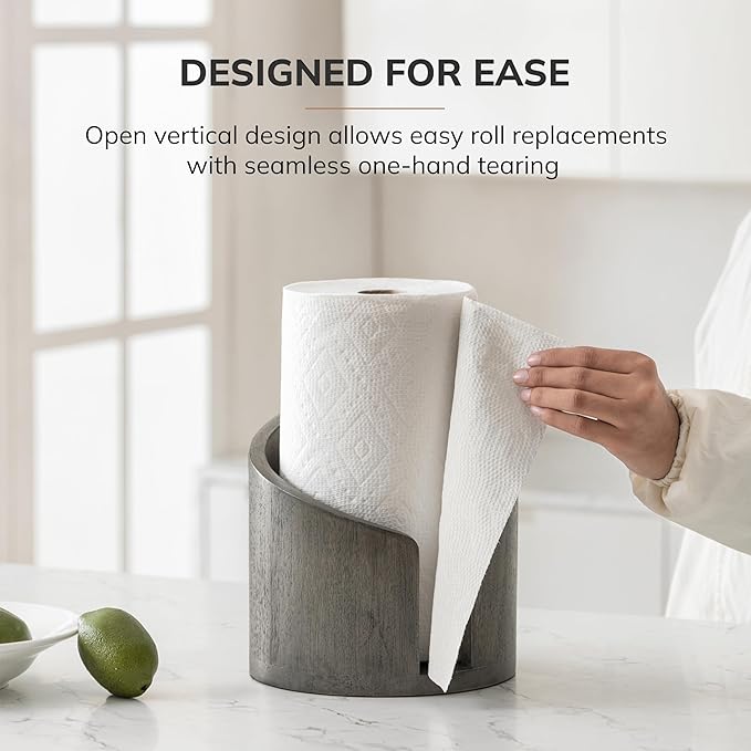 Anji Mountain Wooden Paper Towel Holder Countertop with Mango Wood Round Base and Iron Holder, Holder Stand for Kitchen Roll Organizer & Kitchen Dining Table Home Decor - Greige/Nickel, Classic