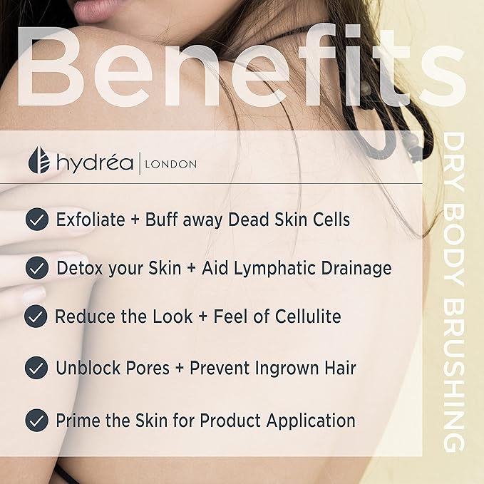 Hydrea London Dry Brushing Body Brush with Cactus Bristle - Cellulite Remover, Vegan Best Dry Brush for Flawless Skin, Helps Improve Lymphatic Drainage - FSC® Certified Beechwood.