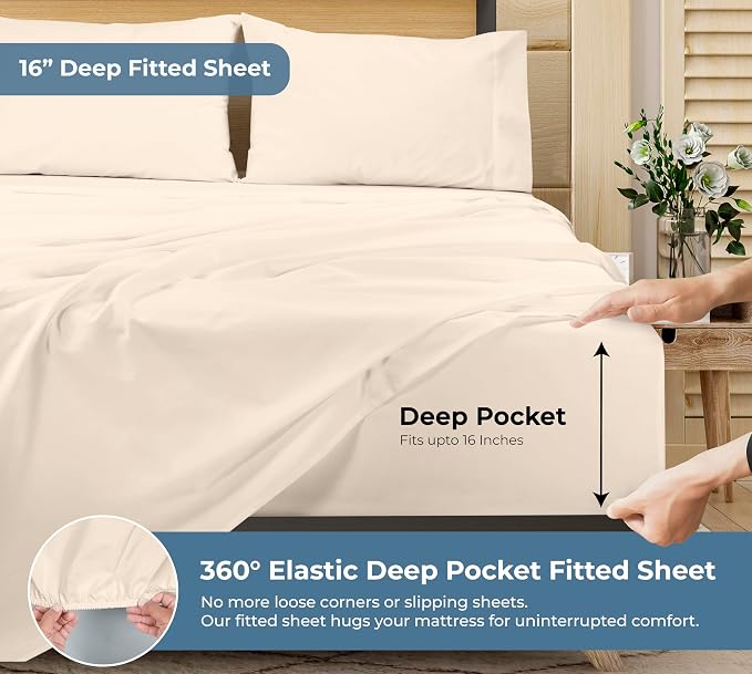 ROYALE LINENS 100% Organic Cotton Queen Sheet Set - Percale Weave - 4 Pieces Set - 1 Flat, 1 Deep Pocket Fitted Sheet and 2 Pillowcases - Cream Bed Sheets - Sábanas Queen - Crisp Cool (Cream)