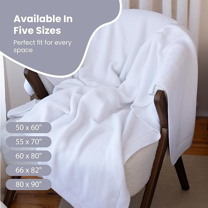 Dalisa 100% Organic Turkish Cotton Throw Blanket - GOTS Certified, Cozy - Perfect for Couch, Bed, and Home Decor - Boho Vintage Knit Alina (White, 60x80)