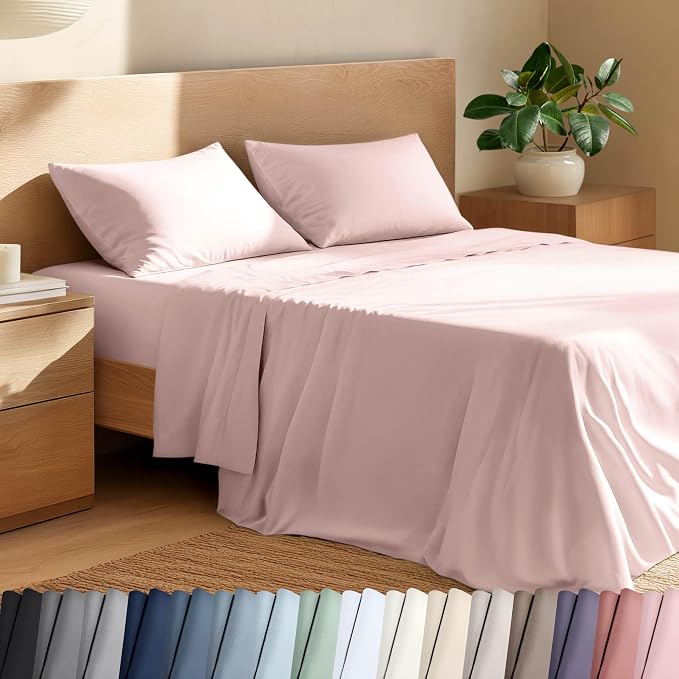 Bare Home 100% Organic Cotton Split King Sheet Set - Crisp Percale Weave - Lightweight & Breathable - Bedding Sheets & Pillowcases (Split King, Dusty Pink)