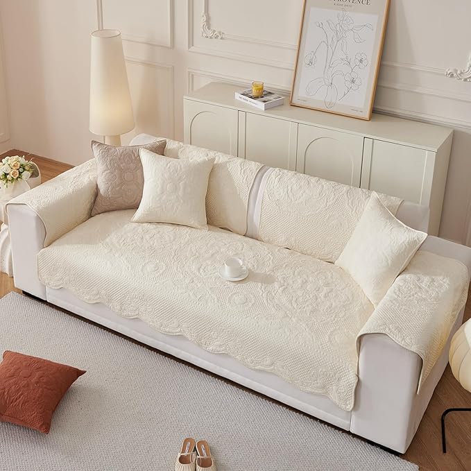 vctops Boho Cotton Quilted Couch Cover Soft Embroidered Sofa Cover Non-Slip Dog Bed Cover Scalloped Sofa Slipcover Washable Furniture Protector Cover (Cream,28"x70")