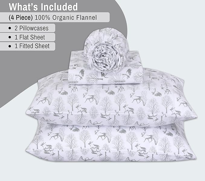 RUVANTI Flannel Sheets Full Size - GOTS Certified 100% Organic Cotton, 4 Piece Warm, Soft & Breathable Set, Deep Pocket Snug Fit, Double Brushed Cozy All Season Bedding, Reindeer Rush