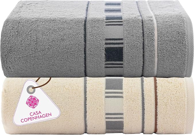 CASA COPENHAGEN X Line 2Pcs 100% Egyptian Cotton Large Designer Bathsheet Towels Gift Set- Silver Grey - Cream, 600GSM, 35"x70" 2Bath Sheet Towels for Bathroom (Gift Set for Women & Men)