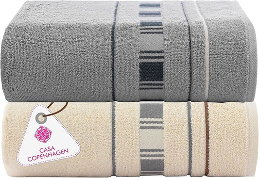 CASA COPENHAGEN X Line 2Pcs 100% Egyptian Cotton Large Designer Bathsheet Towels Gift Set- Silver Grey - Cream, 600GSM, 35"x70" 2Bath Sheet Towels for Bathroom (Gift Set for Women & Men)