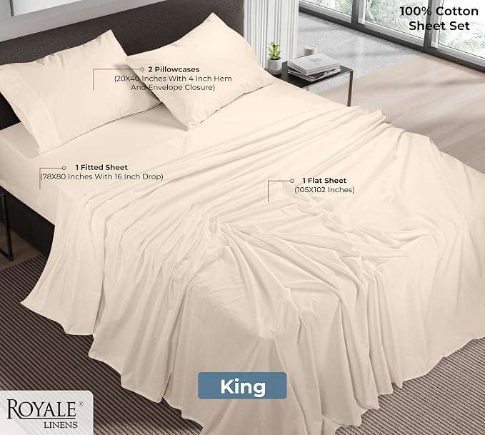 ROYALE LINENS 100% Organic Cotton King Sheet Set - Percale Weave - 4 Pieces Set - 1 Flat, 1 Deep Pocket Fitted Sheet and 2 Pillowcases - Cream Bed Sheets - Sábanas King - Crisp Cool (Cream)