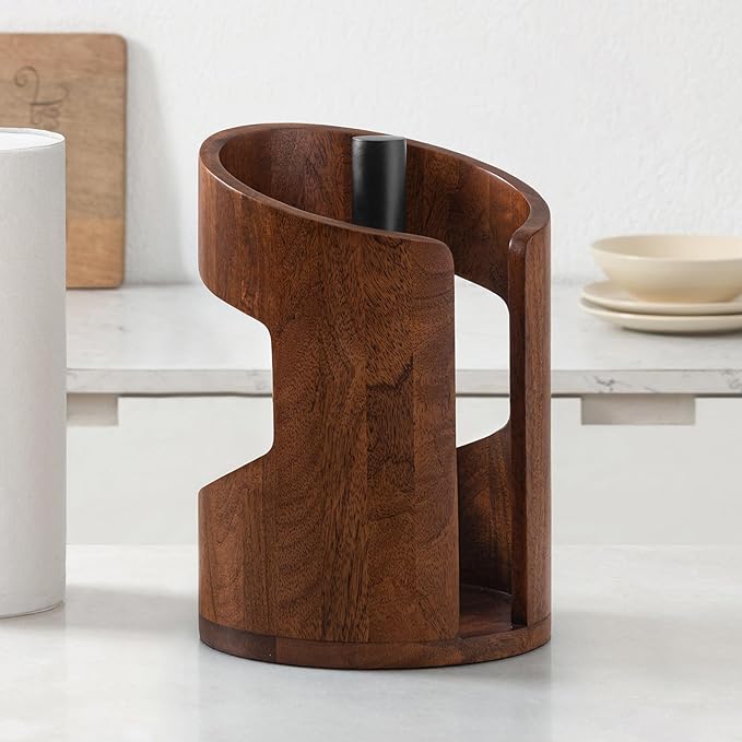 Anji Mountain Wooden Paper Towel Holder Countertop with Mango Wood Round Base and Iron Holder, Holder Stand for Kitchen Roll Organizer & Kitchen Dining Table Home Decor - Walnut/Black, Arc Hold