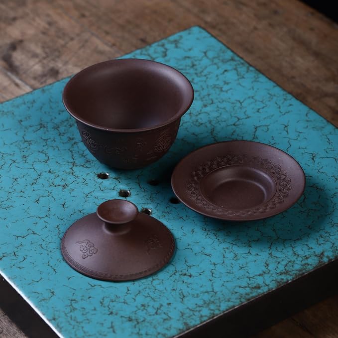 Yixing Clay Zisha Gaiwan 5 Oz,Chinese Kungfu Tea Bowl Cup,Blooming and Loose Leaf Tea Cup Set -Purple Clay