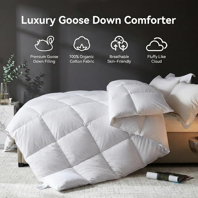 L LOVSOUL Goose Feather Down Fiber Comforter Cali King Size, 100% Organic Cotton Fabric Duvet Insert,1200TC,750+Fill Power, Hotel Collection, Light Weight White Bedding Comforters with 8 Tabs