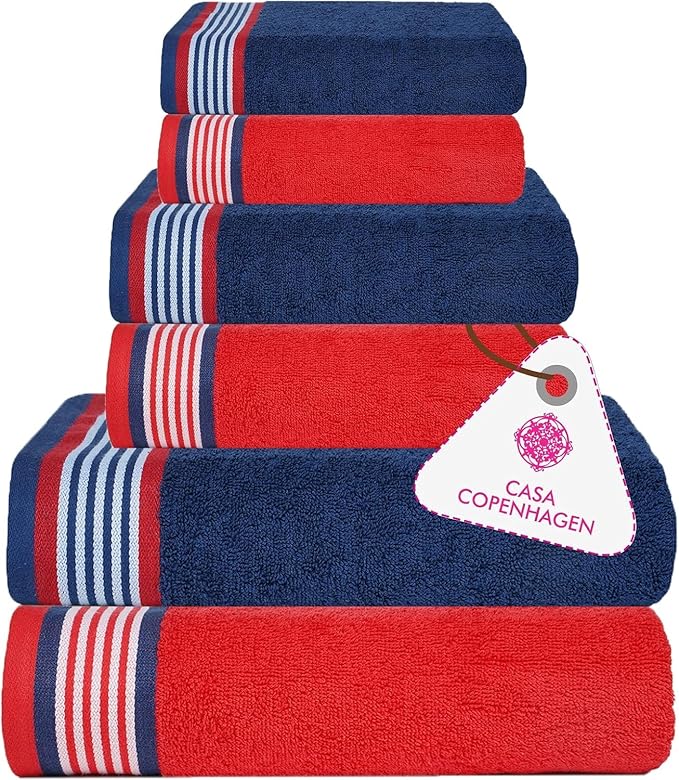 CASA COPENHAGEN He & She 6Pcs 100% Egyptian Cotton Large Designer Towels Gift Set- Blue - Red, 550GSM, 2Bath 2Hand 2Washcloths, Bath Towels for Bathroom (Gift Set for Women & Men)
